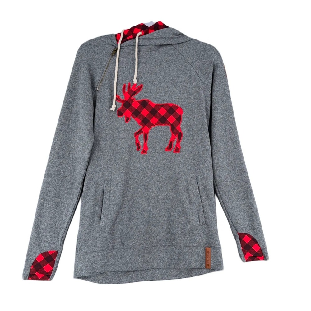 Ampersand Avenue Gray Moose Buffalo Plaid Double Hood Sweatshirt Women S‎